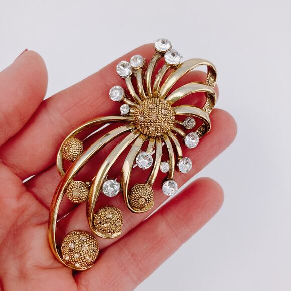 Large 3" VTG MCM Atomic Sun Burst Floral Sunflower Gold Tone Rhinestone Brooch - Picture 3 of 7